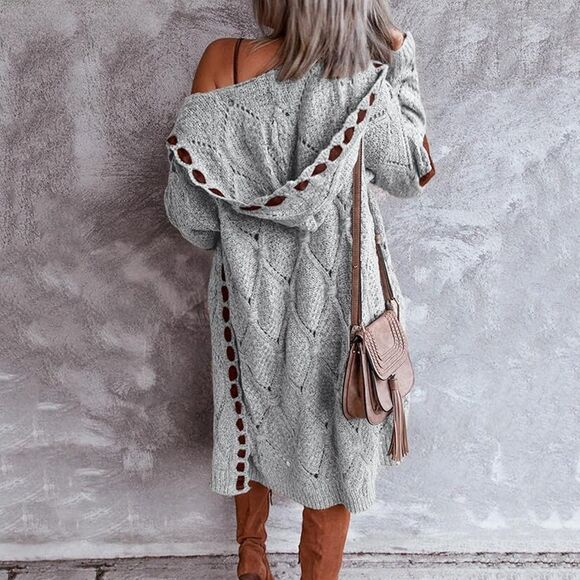 POL Gray Cable Knit Patchwork Oversized Hooded Cardigan Sweater Size Medium - Picture 2 of 9